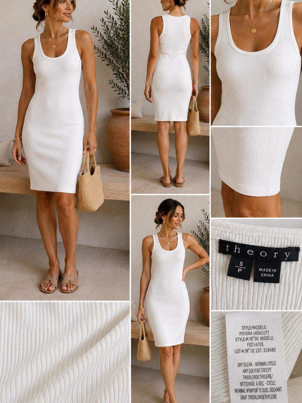 Theory Privina Highcott White Ribbed Cotton Midi Tank Dress Size S